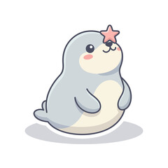 Obraz premium Kawaii grey seal character with pink star on head.