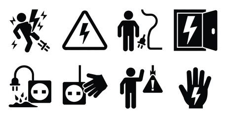 Fototapeta premium Shock hazard icon set, electric safety warning symbols, high voltage pictograms, plug and socket danger signs, power contact risks, flat black vector illustration.