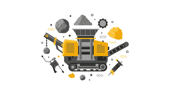 Flat Vector Illustration of Industrial Mobile Stone Crusher and Mining Equipment with Construction Icons on White Background