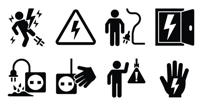 Shock hazard icon set, electric safety warning symbols, high voltage pictograms, plug and socket danger signs, power contact risks, flat black vector illustration.