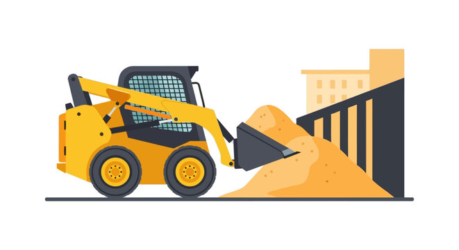 Yellow Skid Steer Loader Vector Illustration. Compact Construction Vehicle Moving Sand Pile at a Building Site. Flat Style Industrial Machinery for Earthmoving.