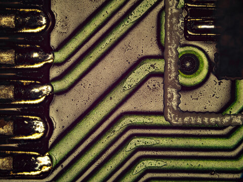 Macro close-up of electronic traces on USB flash drive circuit board