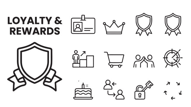 Loyalty and rewards icon set, customer retention program line icons, marketing incentive symbols for business growth and member appreciation