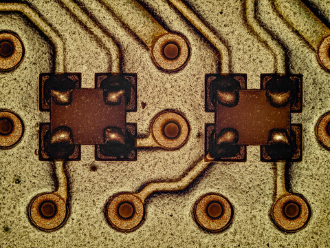 Macro view of surface mount electronic components on printed circuit board