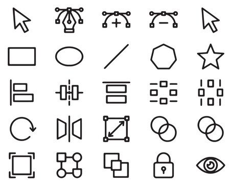 Vector graphic design tools and object layout editor line icon set