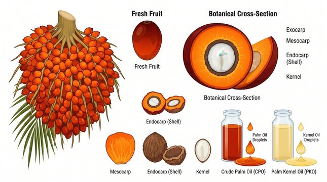 Oil palm fruit: cross-section, components, and crude palm/kernel oils