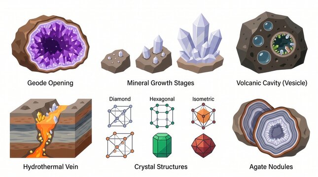 Visual explanation of crystal growth, mineral structures, geodes, volcanic vesicles, and veins