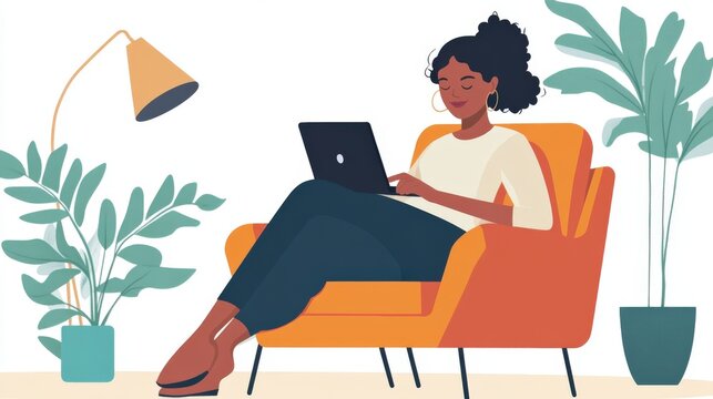 Woman comfortably uses laptop while relaxing in an armchair surrounded by houseplants.