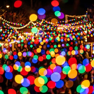 Colorful Bokeh Lights at Night with String Lights and Festive Atmosphere