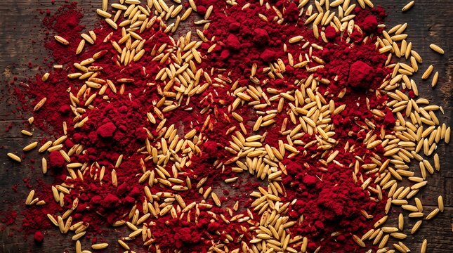 Sacred Rice Grains and Red Roli Powder Festive Diwali Background