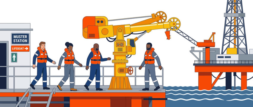 Offshore oil rig workers in life vests near muster station and crane