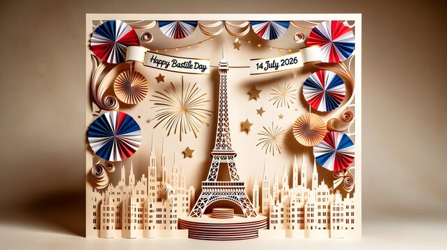 Intricately Layered Paper Cut Eiffel Tower Surrounded by Floral Patterns and Landmarks in Collage Style