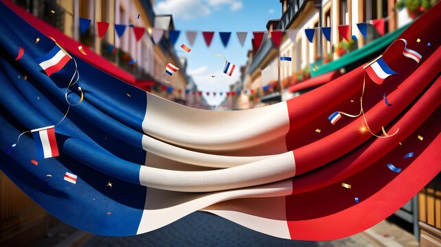 Flowing French Tricolor Fabric Panels Waving in Bright Outdoor Lighting