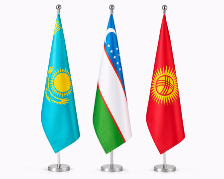 Central Asian national desk flags isolated on a clean white background.