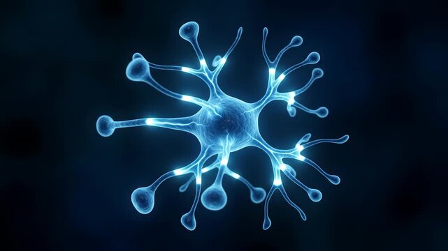 Glowing blue neuron sending electrical signals through dendrites