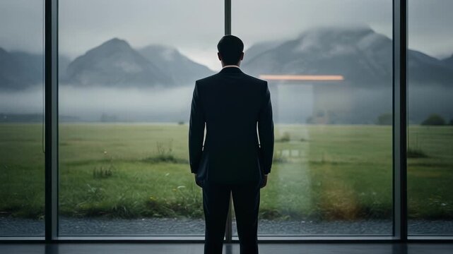 Man in suit looking through large window at misty landscape reflecting on nature and solitude