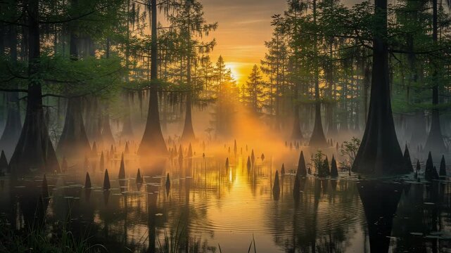 Fireflies glowing at dawn over misty swamp with ancient cypress trees and calm reflective water