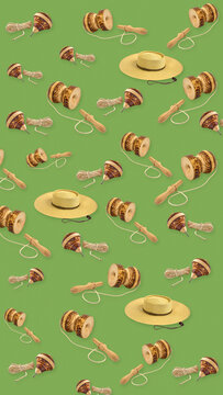 Chilean patriotic celebration 8K vertical background 9:16 for mobile wallpapers with seamless pattern of traditional straw chupalla hats, wooden emboque and whipping tops on green backdrop