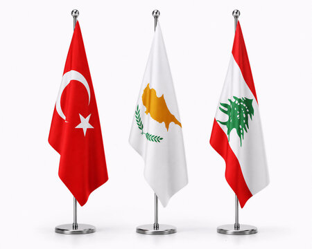National desk flags of Turkey, Cyprus, and Lebanon isolated on white.