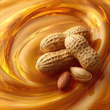 Peanuts in shells with peanuts kernels on golden swirl background, abstract