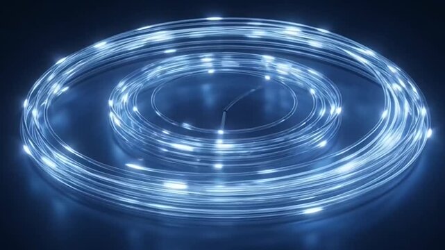 Coiled blue LED strip light glowing on dark reflective surface.