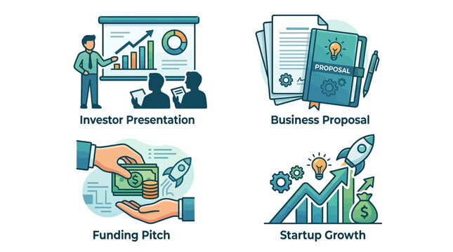 Business professionals engaged in investor presentation and funding pitch for startup growth