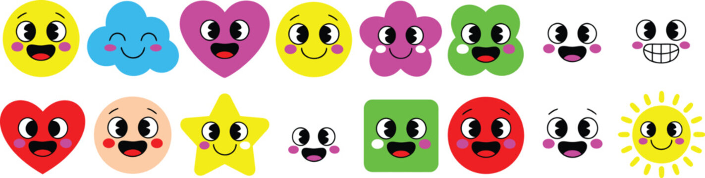 Face Smile Emoji icons, playful kid doodle characters, happy expressions and trendy sticker elements, cute vector design