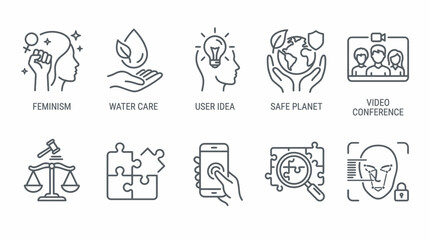 Fototapeta premium Modern Social, Technology, Sustainability and Business Line Icons Set with Feminism, Water Conservation, Video Conference, Biometric Security and User Interface Vector