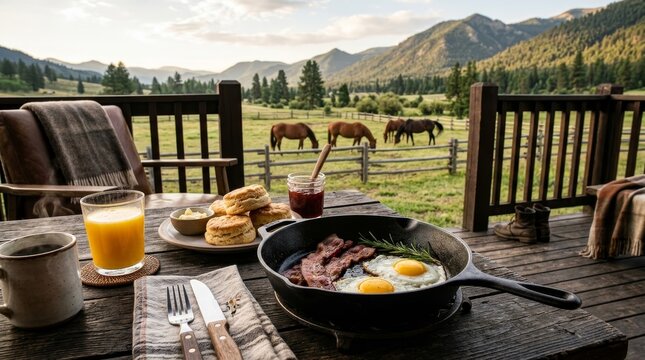 Outdoor breakfast on a wooden deck with a view of horses and mountains.