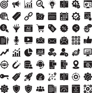 Digital marketing icons set, 64 solid black business and SEO vector symbols, professional web analytics and social media marketing collection