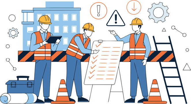 Construction Safety Inspection Team Flat Vector Illustration with Workplace Checklist