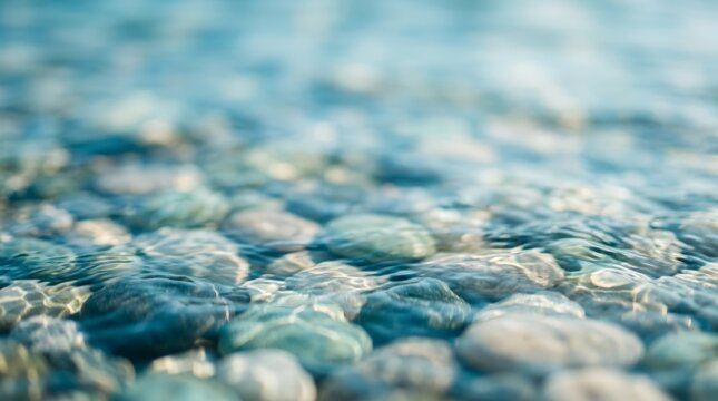 Macro of clear water ripples over smooth blue pebbles on a coastal shoreline