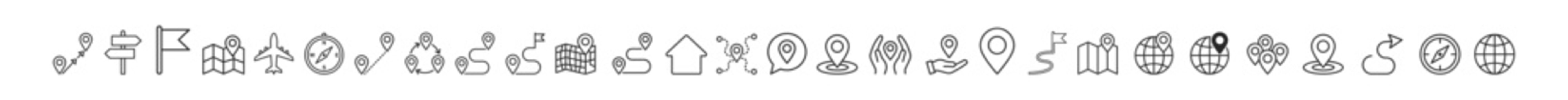 Set of navigation and location icons with directional symbols, maps, flags, compasses, pins, routes, and globes in simple black line style on transparent background