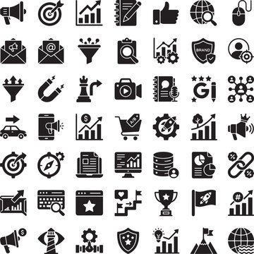 Digital marketing icons set, 49 business growth and SEO vector symbols, black solid pictograms for corporate strategy and web analytics