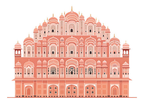 Modern minimal vector illustration of the Hawa Mahal, isolated on white background, symmetrical windows, pink sandstone tones, flat minimalist vector
