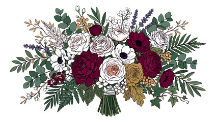 Elegant wedding bouquet vector illustration, burgundy and white rose floral arrangement, hand drawn botanical flowers with eucalyptus and lavender © Rehman
