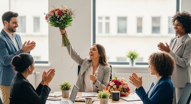 Smiling professional woman joyfully celebrates a success with a vibrant bouquet of flowers during an office meeting, receiving warm applause from colleagues.