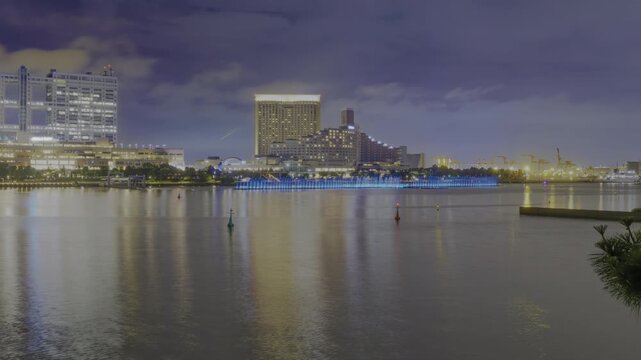 (HDR PQ Timelapse) Tokyo Odaiba Waterfront Night Timelapse with Blue Illuminated Fountains