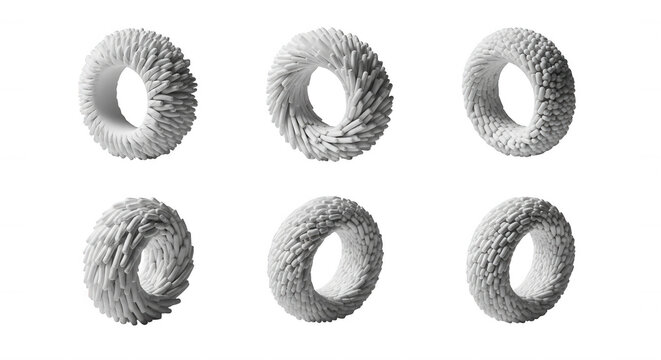 six 3d printed abstract floral forms in white arranged in a grid with shadows on a plain white background for design concepts