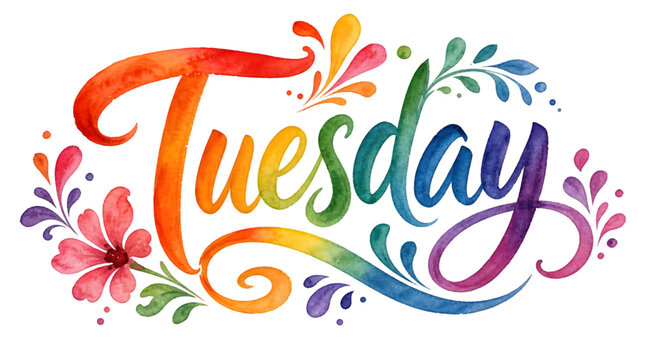 The word Tuesday surrounded by flowers and leaves on transparent background