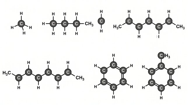 Displays various molecular structures of organic compounds like alkanes and aromatic rings