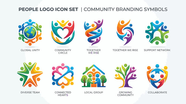 Community branding symbols set featuring unity collaboration and support network logos