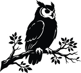 Fototapeta premium Owl on Branch Vector Illustration with Perched Wild Bird Silhouette Black Nature Design