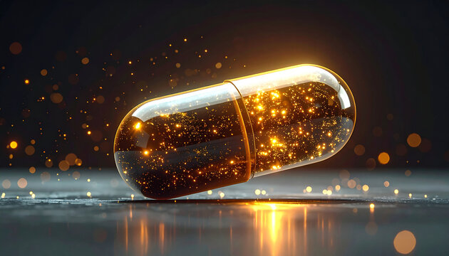 Golden Pill Magic: A glowing capsule, filled with shimmering golden particles, floats above a dark, reflective surface, emitting a soft light and creating an aura of scientific marvel and innovation.