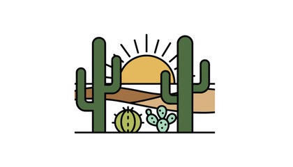 Fototapeta premium Stylized desert landscape featuring three green cacti and a large yellow sunset sun over orange sand dunes in a minimal illustration style.
