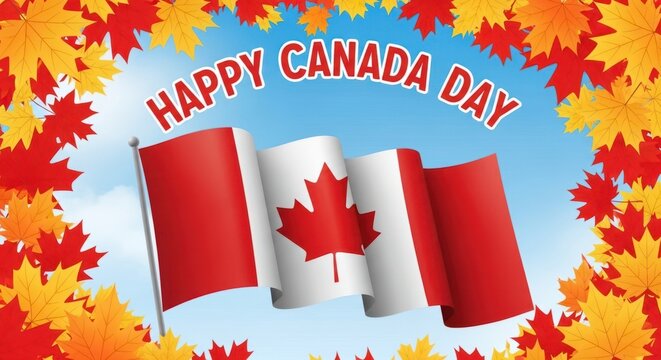 Canada Day celebration flag vector illustration with fireworks