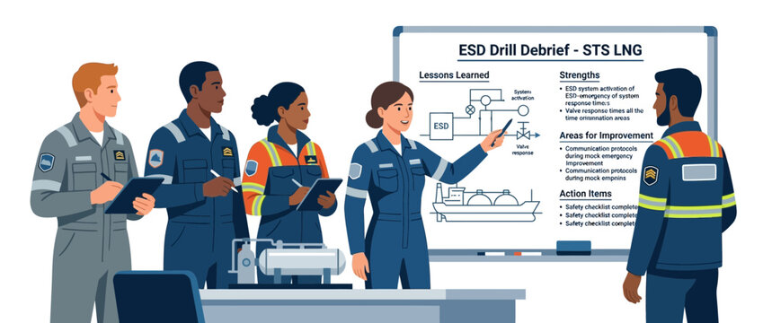 Diverse team in safety gear at a debriefing session discussing LNG operations and safety