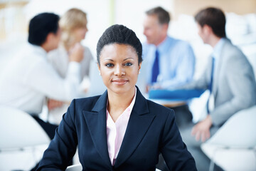 Fototapeta premium Corporate, woman or happy with portrait in meeting for legal counsel, career experience or about us. Staff, attorney and confident at law firm for trial preparation, justice and case leader in office