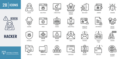 Hacking icon set. including hacker, virus, hacking, phishing, threat, attack, protect, shield, crime, spyware, and more. outline icon set. vector illustration with editable stroke © Control New