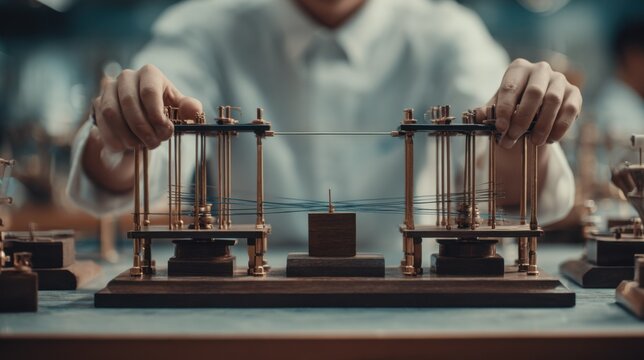 Medium shot of a physics experiment demonstrating forces with pulleys the hands manipulating the setup sharply captured and the lab background faded.